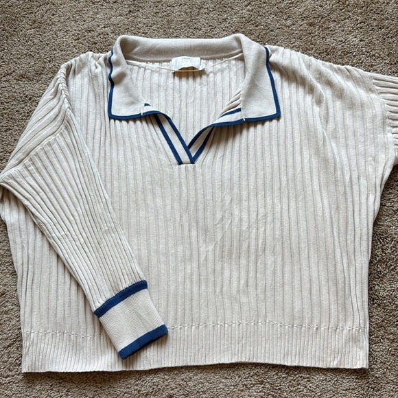 Anthropologie Sancia The Atalie Polo Ribbed Knit Oversized Cream/Blue Sweater - Picture 4 of 13